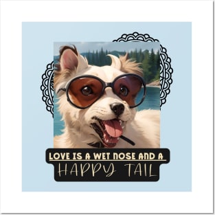 Love is a wet nose and a HAPPY TAIL (dog wears glasses) Posters and Art